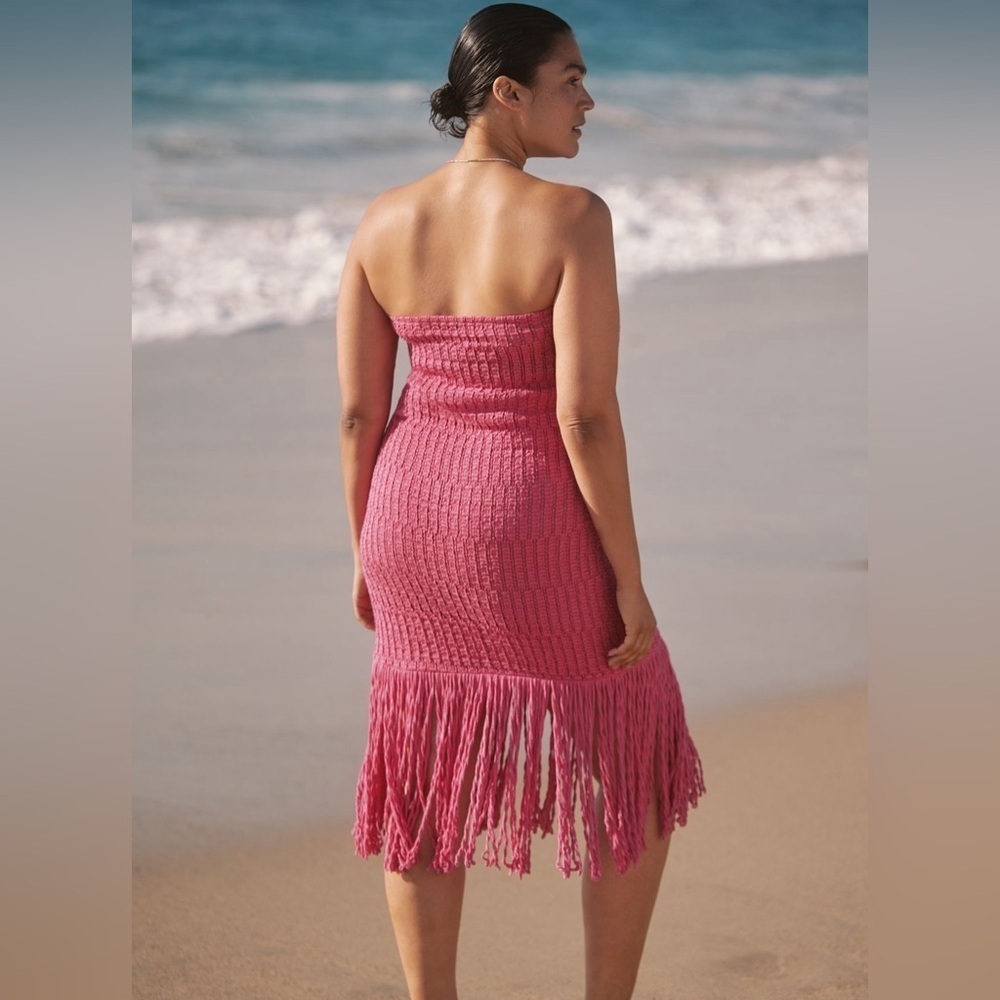 NWT! Celandine Strapless Crochet Fringe-Trim Knit Dress in Raspberry ☀️ - Picture 5 of 15